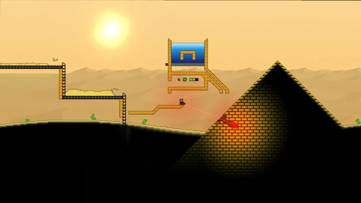 A Sandustry desert area with a dark pyramid, conveyors, and the minimap visible