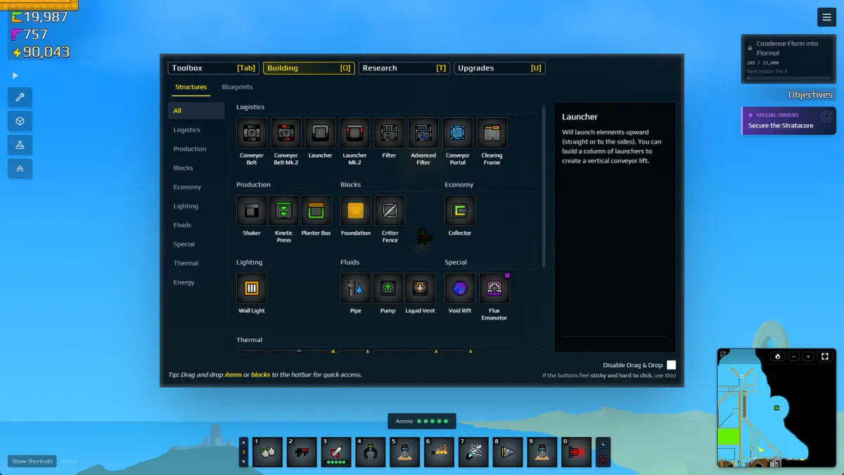 The Sandustry Building menu showing logistics, production, fluid, lighting, and special structures