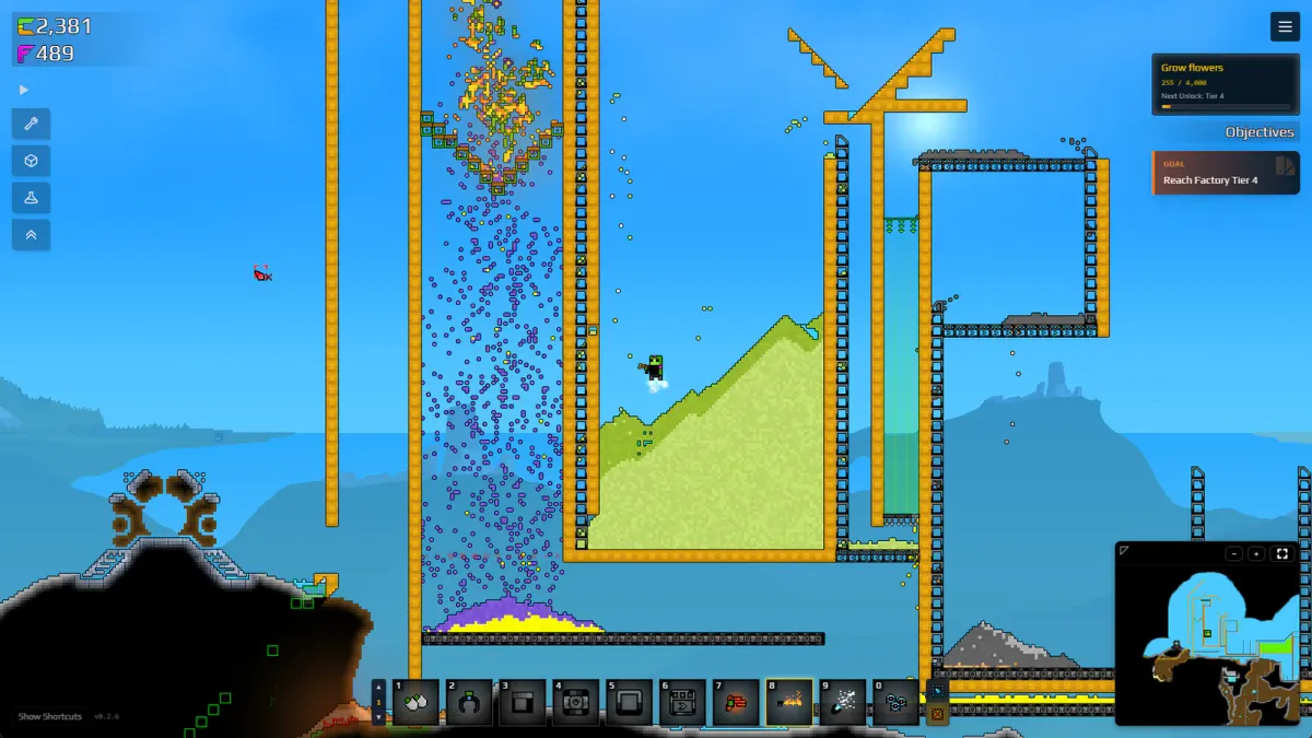 A Sandustry factory chamber filled with colorful reacting materials while the Grow flowers objective is active