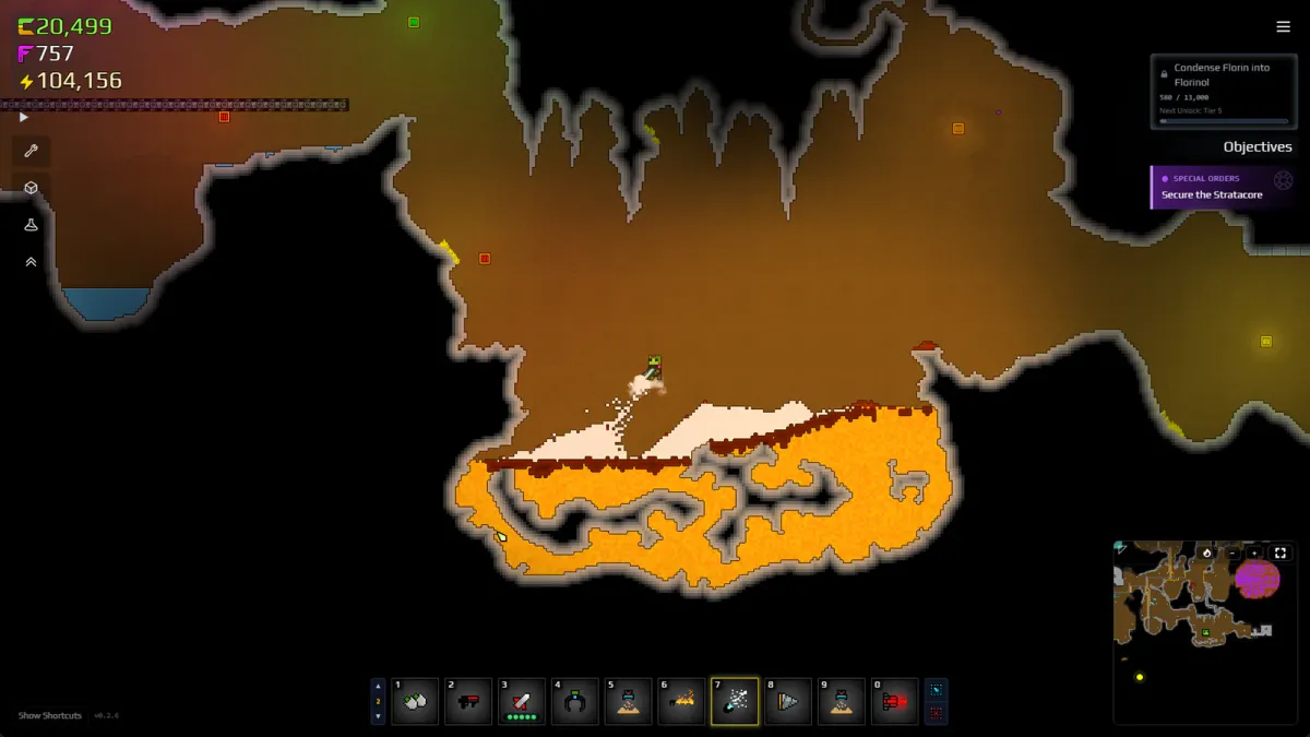 A Sandustry character hovering above a bright underground magma pit