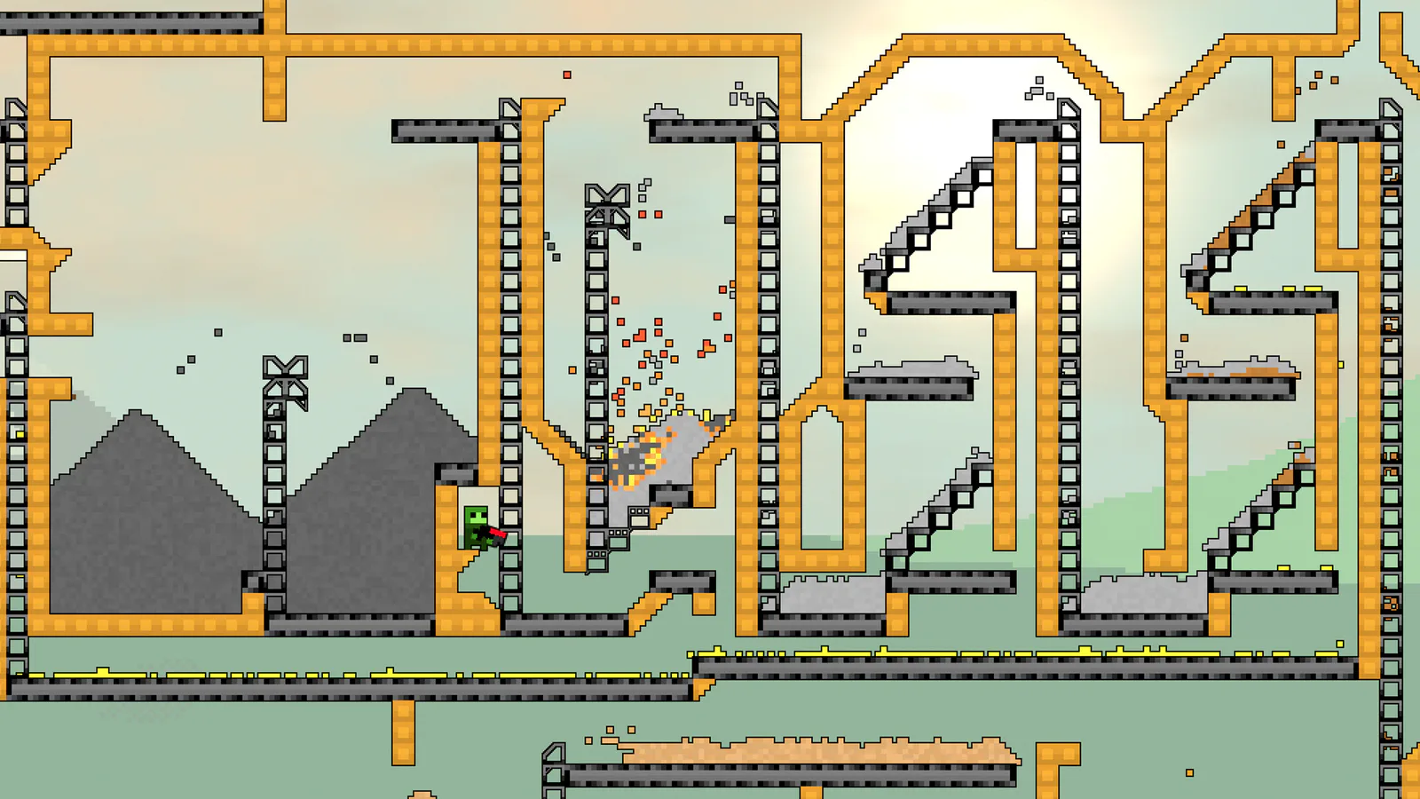 A Sandustry factory with conveyors moving pixel materials through a tall production line